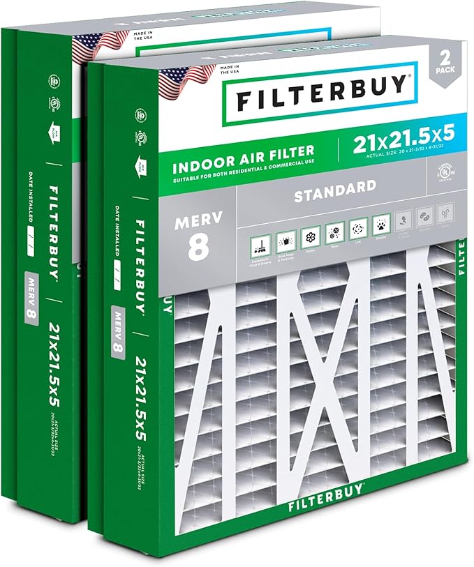 Filterbuy 21x21.5x5 Air Filter MERV 8 Dust Defense (2-Pack), Pleated HVAC AC Furnace Air Filters Replacement for Trane Perfect Fit & American Standard (Actual Size: 20.00 x 21.09 x 4.97 Inches)