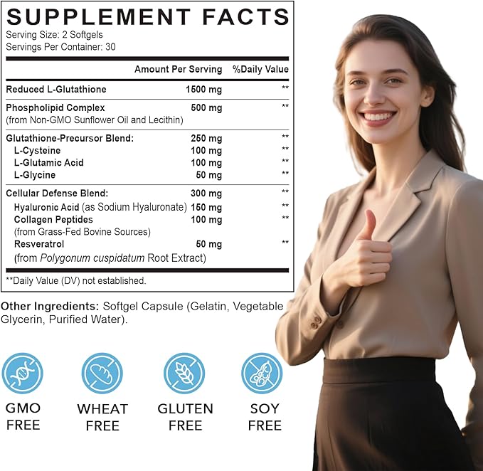 Liposomal Glutathione Softgels, Enhanced Absorption - Liposomal Delivery, Active Form L-Glutathione, Cellular, Immune Function & Liver Detox, Rich in Antioxidant Formula, Gluten Free, 360 Softgels