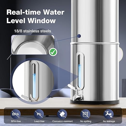 1G Gravity-fed Water Filter System - NSF/ANSI 42&372 Certified 18/8 Stainless Steel Countertop Water Filtration System - Water Level Window, Reduce 99.9% of Chlorine, for Camping, RVs