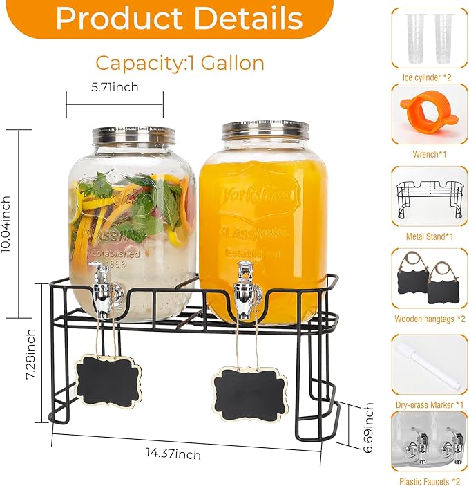 1 Gallon Glass Drink Dispensers, 2 Pack Clear Beverage Dispenser with Stand and Spigot for Parties, Drink Dispenser with Ice Core and Sticker for BBQ, Picnic, Lemonade Dispenser