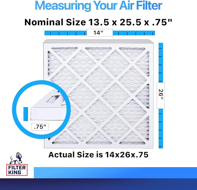 Filter King 13.5 x 25.5 x .75" Air Filter | 3-PACK | MERV 8 HVAC Pleated A/C Furnace Filters | MADE IN USA | Actual Size: 14x26x1"