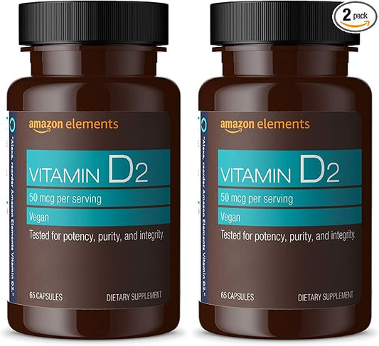 Amazon Elements Vitamin D2 2000 IU, Vegan, 65 Capsules, Supports Strong Bones and Immune Health, 2 Month Supply (Packaging May Vary) (Pack of 2)