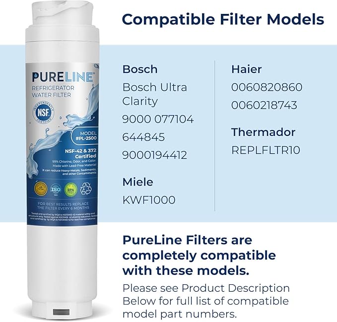 Pureline 9000 077104 UltraClarity REPLFLTR10 Water Filter Replacement for Bosch Ultra Clarity 9000194412, 644845, B26FT70SNS, B22CS80SNS, B22CS50SNS, Haier 0060820860, Miele KWF1000 (3 Pack)