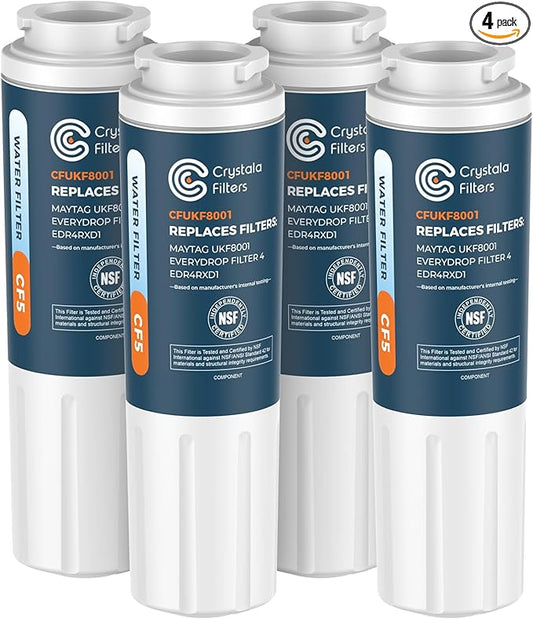 Crystala Filters UKF8001 Water Filter Compatible with Whirlpool 4396395, Filter 4, Maytag UKF8001, EDR4RXD1, UKF8001AXX, UKF8001P, Puriclean II, PH21500 Refrigerator Water Filter, 4 Packs