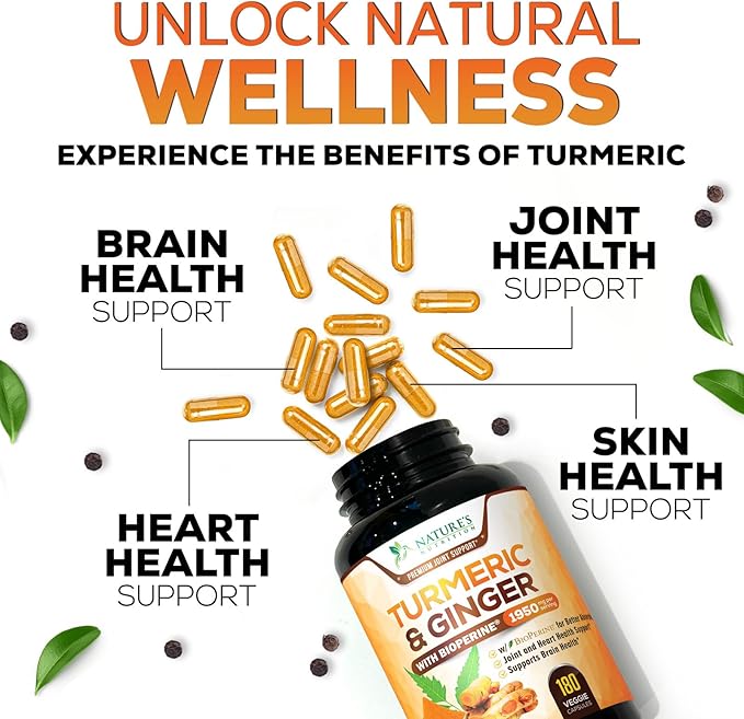 Turmeric Curcumin Supplement 1950mg - 95% Curcuminoids with Organic Turmeric & Ginger, BioPerine Black Pepper for Best Absorption, Nature's Vegan Joint Support, Non-GMO, Bottled in USA - 180 Capsules