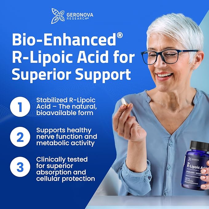 Bio-Enhanced R-Lipoic Acid, 600 mg Capsules - 2 Month Supply - Stabilized R Alpha Lipoic Acid with Enhanced Absorption - R Lipoic Acid Supplement - 120 Count