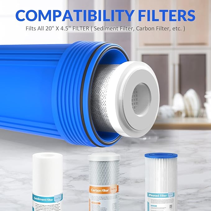 SimPure Whole House Water Filter Housing (DB20P), 20" x 4.5" Sediment Carbon Filter Universal Housing, Pre-Filtration System for Well and City Water, 1" NPT Port, Pressure Release