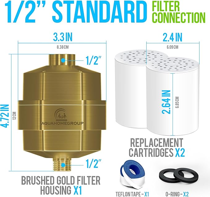 AquaHomeGroup 20 Stage Shower Filter for Hard Water - High Output Universal Shower Head Filter for Chlorine, Fluoride, Heavy Metals - Vitamin C E Shower Water Filter for Hair and Skin (Golden)