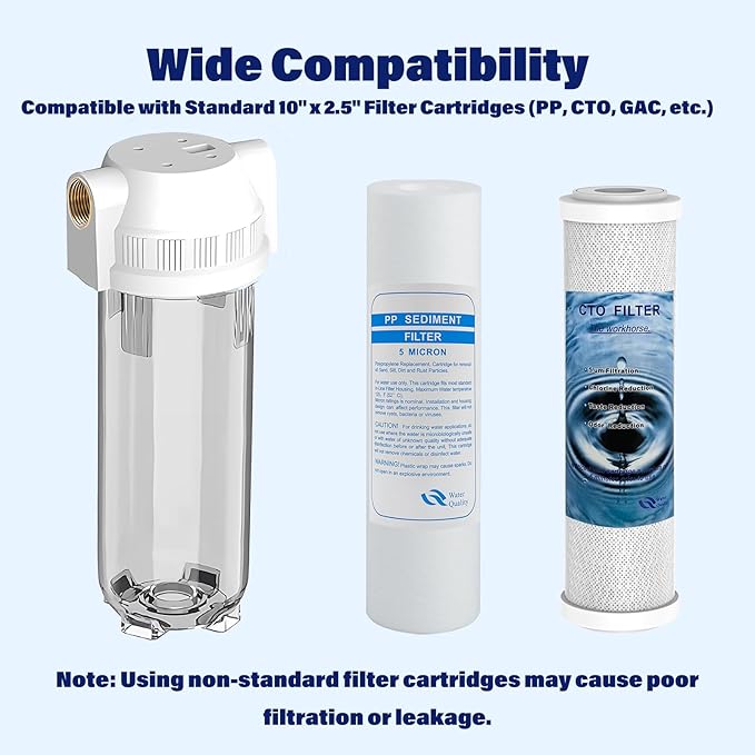 Whole House/RV Water Filter Housing Clear, 10" X 2.5" Inline Sediment Water Filter for RV, Home, Garden, Aquarium, Maple Syrup RO System, 3/4" G Brass Port, R-Type O-Ring, Bracketless - 1025CWH