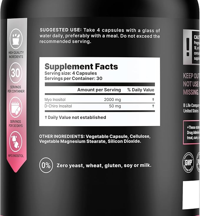 Inositol Supplement for Women – Myo-Inositol & D-Chiro Inositol – PCOS Supplements for Ovarian Support – Myo Inositol Supplement – Myoinositol and D Chiro Inositol – Vitamin B8– 40:1 Ratio - 120 Caps