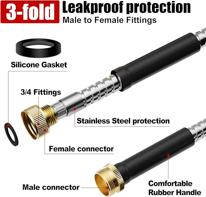 Garden Hose 50 ft, Stainless Steel Metal Water Hose 50 Feet with Nozzle, Flexible, Rust Proof, No-Kink, Heavy Duty, Leakproof 3/4 in Fittings, Lightweight Metal Hose, BT50S Model