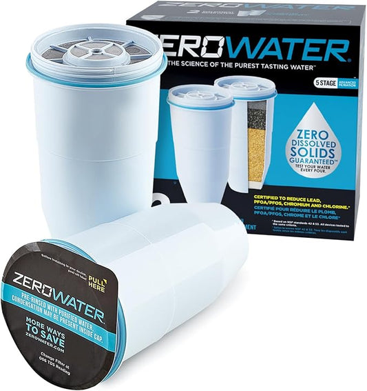 ZeroWater Official Replacement Filter - 5-Stage 0 TDS Filter Replacement - System IAPMO Certified to Reduce Lead, Chromium, and PFOA/PFOS, 2-Pack, White