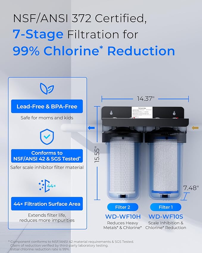 Waterdrop 2 Stage Whole House Water Filter System, with Heavy Metal and Anti-Scale Sediment Filter, Highly Reduce Iron, Scale, Lead, Chlorine, Taste, 5-Stage Filtration, WD-WHF21-SH, 1" Inlet/Outlet