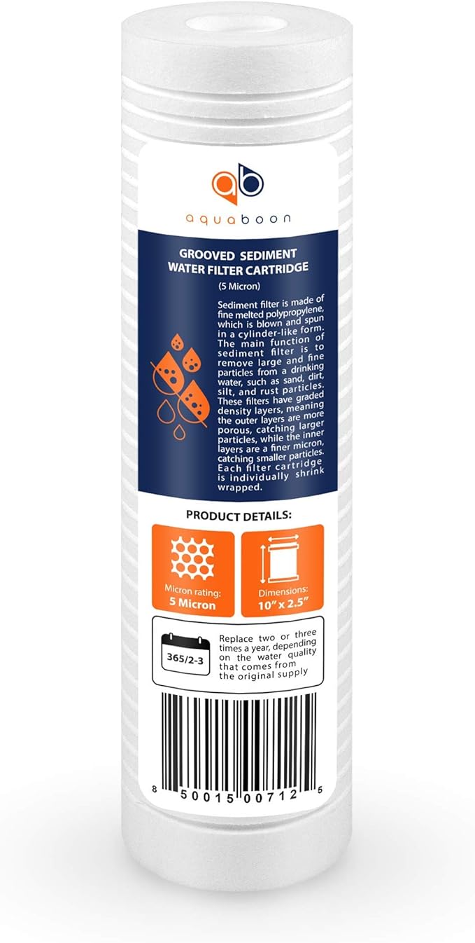 Aquaboon 5 Micron 10 x 2.5 Grooved Sediment Water Filter Replacement for Whole House Filter Cartridge Compatible with AP110, WHKF-GD05, CFS110, 6-Pack