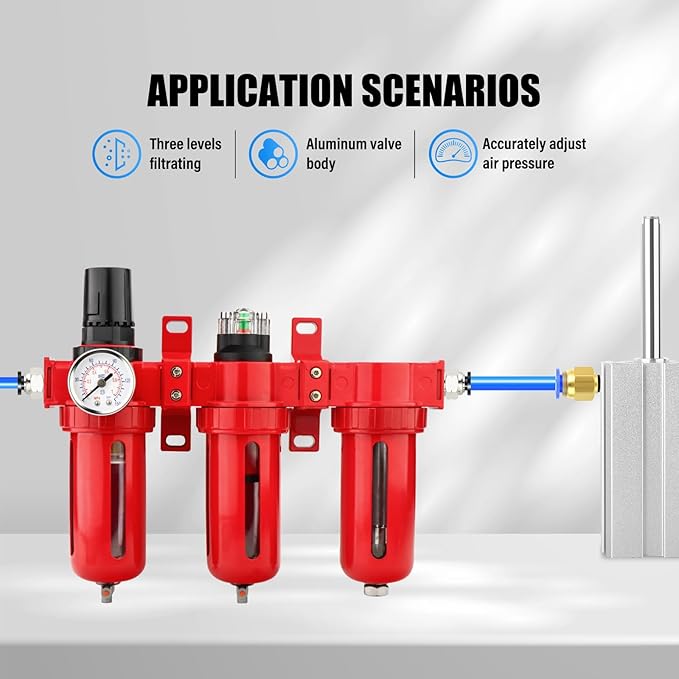 1/2" NPT 3 Stage Aluminium Air Drying System,Coalescing Filter, Particulate Filter, Desiccant Dryer and Air Regulator, Manual Drain, Mid Flow, For Plasma Cutter and Paint Spray