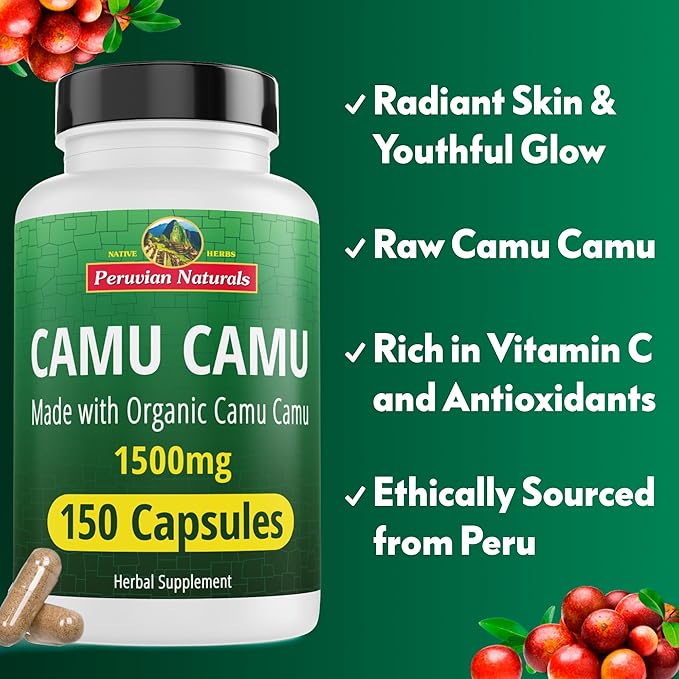 Peruvian Naturals Organic Vitamin C from Camu Camu Capsules 1,500mg - 150 Vegan Pills, Natural Vitamin C from Whole Food Camu Berry Organic, Non-GMO