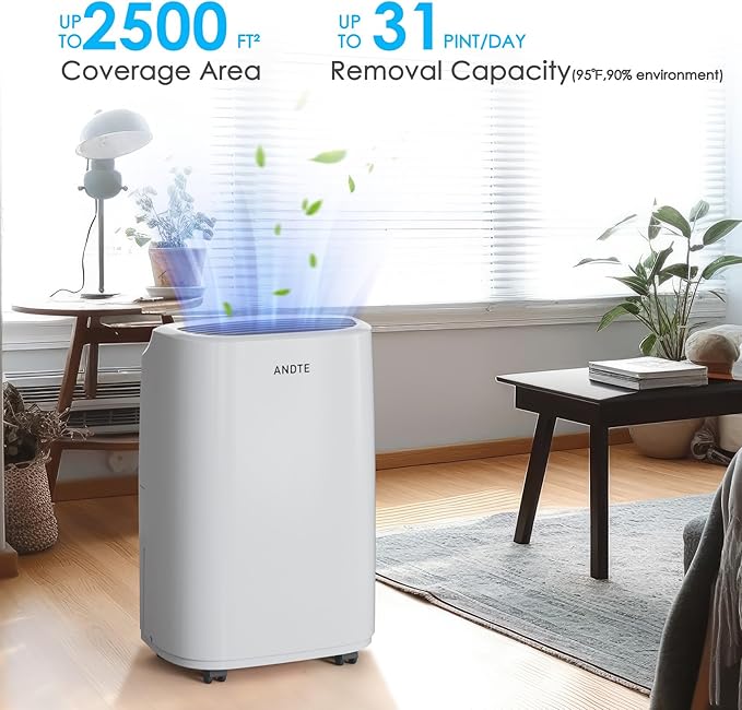 2500 Sq.Ft Dehumidifier for Home Basement, ANDTE 34 Pints Dehumidifier with Drain Hose with Smart Humidity Control, 3 Operation Modes, Powerful Moisture Removal for Large Room, RV, Bathroom, Bedroom