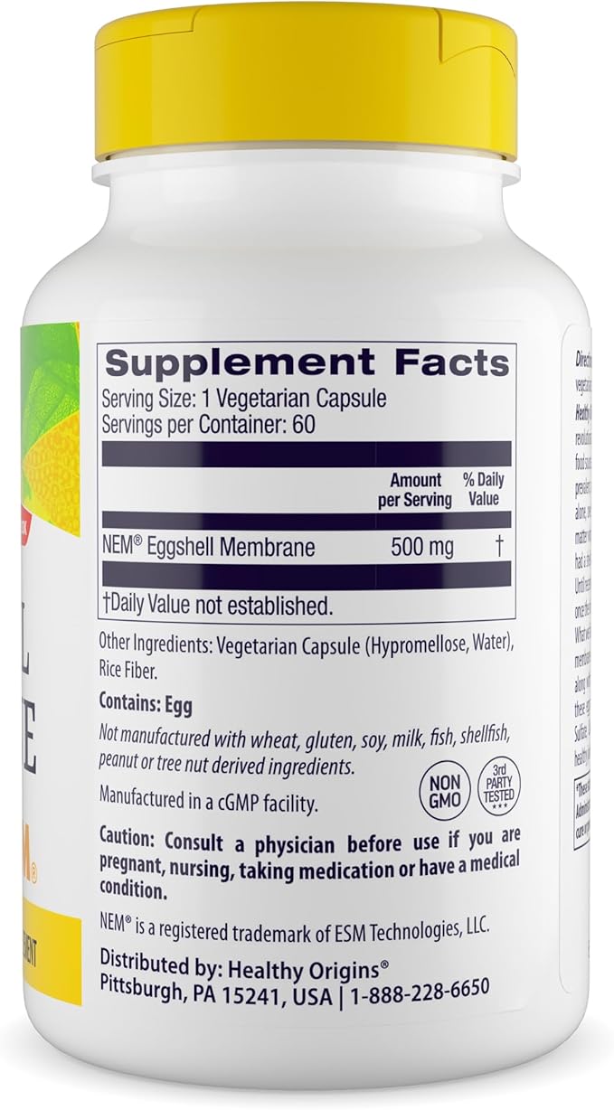 Healthy Origins Eggshell Membrane 500 mg (NEM, Non-GMO, Gluten Free, Joint Support), 60 Veggie Caps
