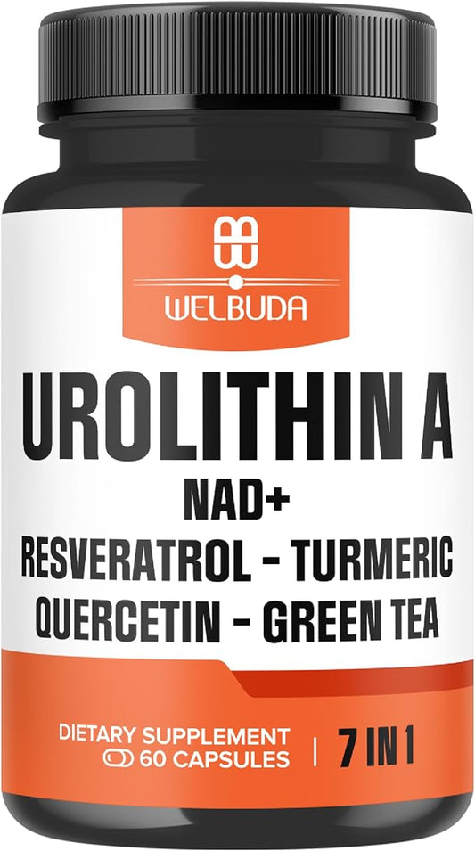 7in1 Urolithin A Capsules 500mg with NAD+, Resveratrol, Curcumin and Quercetin Supplement for Men Women - 60 Capsules - 30 Days Supply