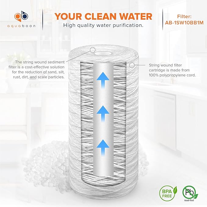 Aquaboon 1 Micron String Wound Water Filter 10x4.5 Replacement - Whole House Water Filter Cartridge Compatible with WP5BB97P,WP10BB97P, AP810, 20-Pack