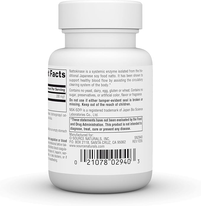 Source Naturals NSK-SD, Nattokinase, Vegetarian Friendly, Whole Body Systemic Enzyme for Healthy Circulation*, 200 mg - 30 Vegetarian Capsules