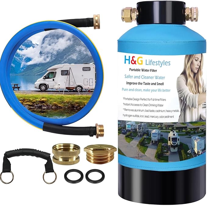 H&G lifestyles ‎Portable Water Filter for RV Water Filtration System KDF Carbon Reduce Bad Taste Odor Chlorine Sediment with 3/4" Brass Adapter Water Hose for Drinking Camping
