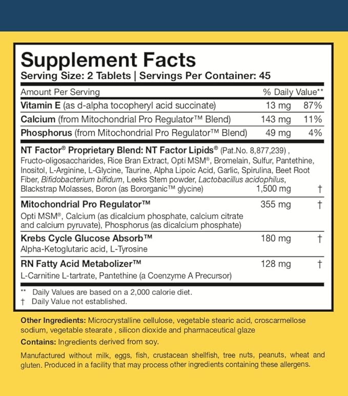 Researched Nutritionals NT Factor Energy - Advanced Mitochondrial Formula to Promote Cellular Health, ATP Production, Energy & Brain Health (90 Tablets)