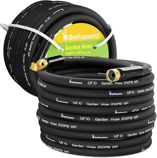 100 ft Garden Hose, 5/8 in Heavy Duty Water Hose, Flexible and Durable, Lightweight Rubber Hybrid Hose, Leak-Free Connections, Male to Female Fittings, BT100B, Black