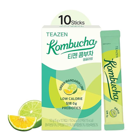 TEAZEN Green Mandarin Lime Kombucha Tea, Hydration Drink Mix, Sugar Free, Live Probiotics & Prebiotics, 10 Sticks, 1.76oz