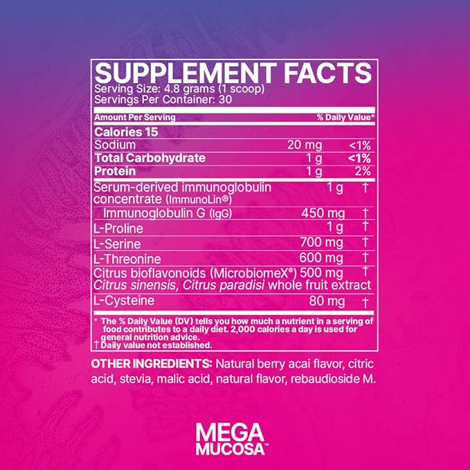 Microbiome Labs MegaMucosa Gut Health Powder - Digestive Supplement with Complete Mucosal Support for Healthy Gut & Immune Function - Dairy-Free Immunoglobulins & Amino Acids - Berry Acai (5.5 oz)