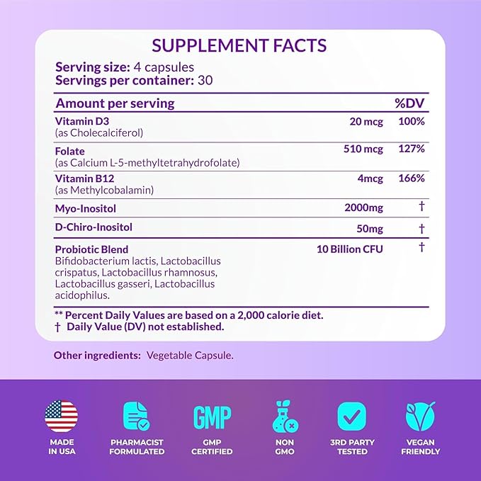 Hormone Balance for Women, Ovarian Support, Fertility, Menstrual Cycle, PCOS | Myo-Inositol & D-Chiro Inositol Supplement 40:1 Ratio w/Folic Acid for Hormonal Balance, B12 & Probiotics - 240 Count