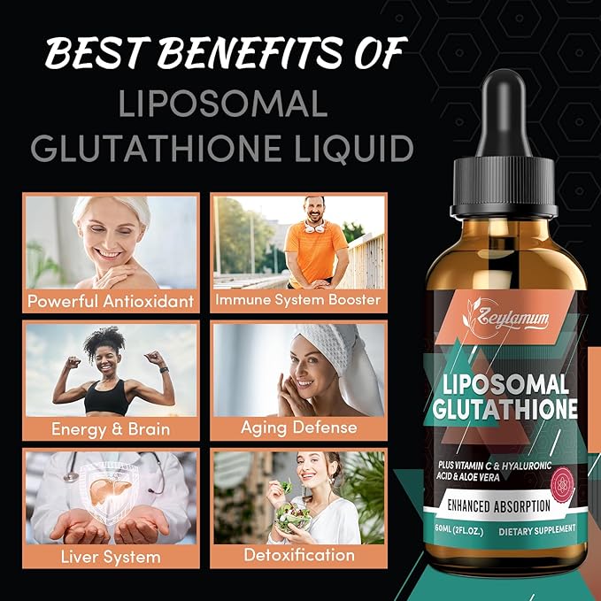2000MG Liposomal Glutathione Liquid Drops, Ultra High Absorption, Natural Detoxification, Immune System & Skin Supprot*, L-Glutathione, Vitamin C & Hyaluronic Acid, Capsules Alternative, 4.05 OZ
