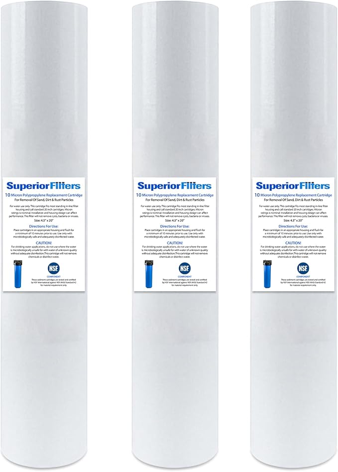5 micron 20"X4.5" whole house water filter replacement cartridge Compatible with All Whole House Water Filter Systems. 3 pack