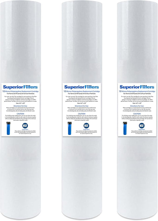 5 micron 20"X4.5" whole house water filter replacement cartridge Compatible with All Whole House Water Filter Systems. 3 pack