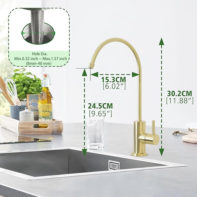 Gold Drinking Water Filter Faucet Kitchen Bar 304 Food Grade Solid Stainless Steel Tap, Non Air Gap Beverage Cold Water Purifier Filtration Tap for Reverse Osmosis Systems.