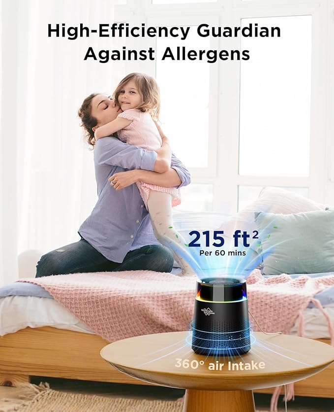 MSB5 Air Purifiers for Bedroom, H13 True HEPA Air Purifier for Home Room Office, 20dB Quiet Air Cleaner with Sleep Mode Colorful Night Light for Pets Dander Pollen Mold (Black)