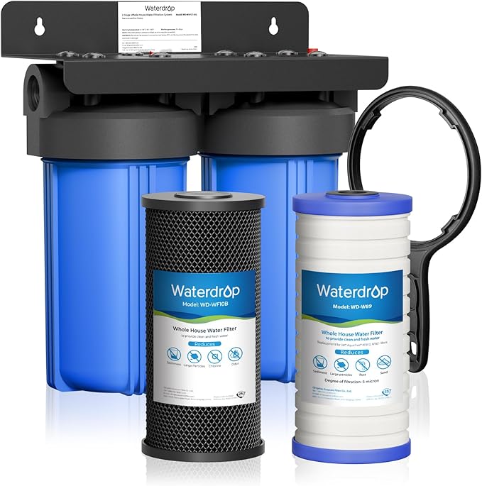 Waterdrop 2 Stage Whole House Water Filter System, with Carbon Filter and Sediment Filter, 5-Stage Filtration, Highly Reduce Chlorine, Taste, Odor, 5 Micron WD-WHF21-BG, 1" Inlet/Outlet