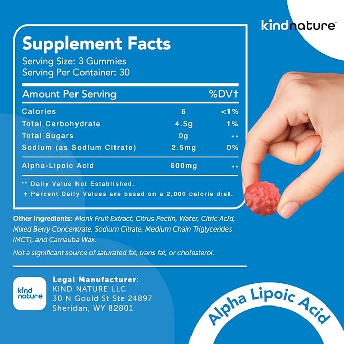 kindnature Alpha Lipoic Acid Gummies - Vegan, Sugar-Free, Low Calorie 600 mg ALA Supplement - Pure ALA Alpha Lipoic Acid 600mg for Antioxidant Support