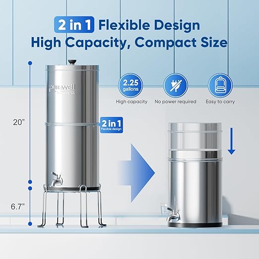 Purewell 3-Stage Gravity Fed Water Filter System, 2.25 Gallon Stainless Steel Countertop System with 2 Washable Ceramic Filters and Stand, Reduce up to 99% Chlorine, PW-OBT