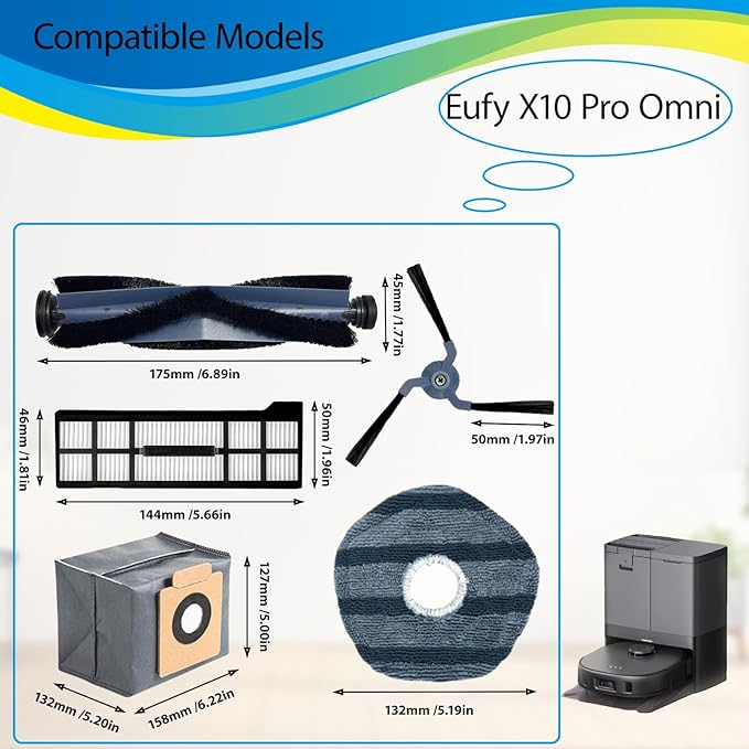 24 Pack Replacement Parts Accessories Compatible for Eufy X10 Pro Omni Vacuum Cleaner, 2 Main Brush 4 Vacuum Filters 4 Side Brushes 6 Mops 6 Vacuum Bags, X10 Pro Omni Accessories Kit