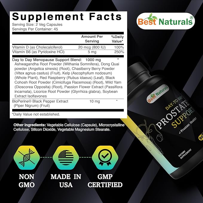 Best Naturals Day-to-Day Prostate Support Supplements 90 Veg Capsules - Made with Saw Palmetto, Green Tea, Pumpkin, Nettle, African Pygeum, & Beta Sitosterol