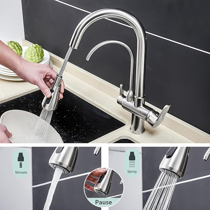 WANFAN Kitchen Sink Faucet with Pull Down Sprayer 2 Handle 3 in 1 Water Filter Purifier Faucets Brushed Nickel 0195SN
