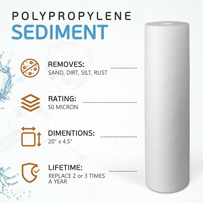 Ronaqua 20" x 4.5" Big Sediment Replacement Water Filter Cartridge, 50 Micron, NSF Certified, for Whole House, Compatible with 155358-43, 2PP20BB1M, AP810-2, FPMB-BB5-20, P5-20BB, SDC-45-2005, 20 Pack