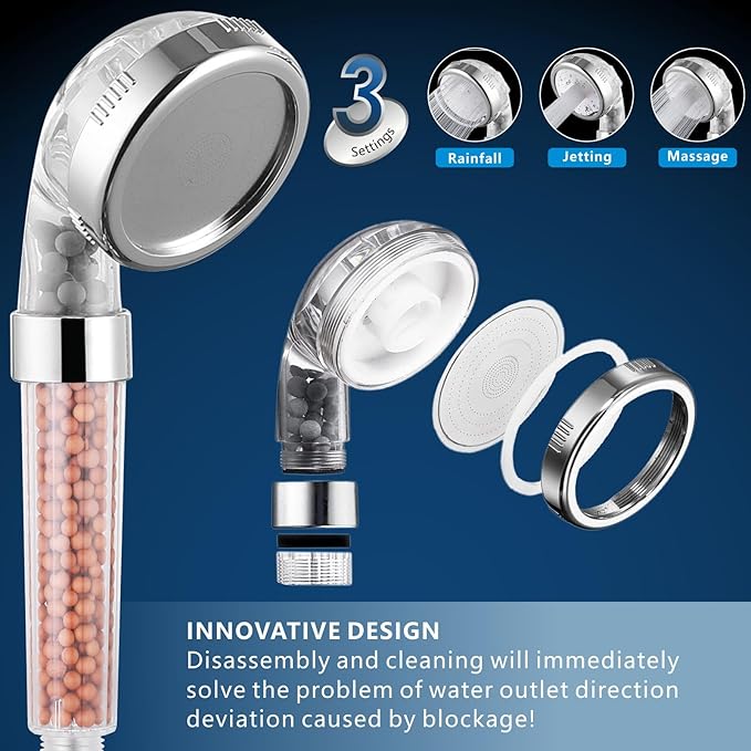 Voolan Filtered Shower Head Set, High Pressure Rain Shower with Handheld Showerhead Combo, Self-adhesive Holder/59" Hose, 20 Stage Filter Removes Chlorine and Harmful Substances (Round, Chrome)