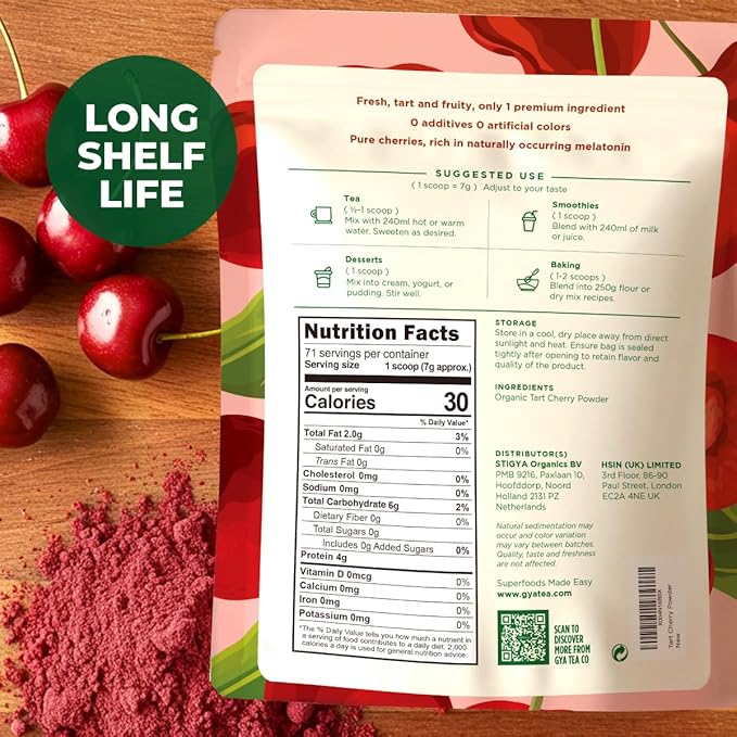 Gya Tea Co Tart Cherry Extract Powder 1.1lb (17.64 Oz) - USDA Organic 100% Natural Fruit Powder - Freeze-Dried Premium Quality Tart Cherries For Drinks, Baking & More - No Sugar & Additives, Non-GMO