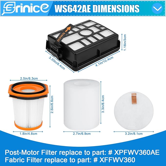 WS642AE Filter for Shark Wandvac Self-Empty Cordless Stick Vacuum WS642AE Replacement Part, 4 HEPA Filter + 4 Foam & Felt Filter + 2 Base Post-Motor Filter + 1 Cleaning Brush