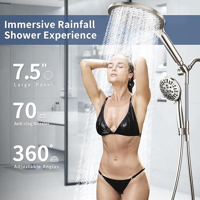 KAIYING Dual Shower Heads with Handheld Spray Combo, High Pressure Modern Rain Shower Head with 9-Mode Handheld Showerhead, Double Rainfall Shower Head with 79-Inch Hose (Brushed Nickel)