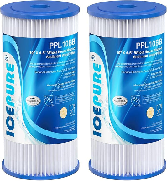 ICEPURE 20 Micron 10" x 4.5" Whole House Sediment Pleated Water Filter Replacement for GE FXHSC, Culligan R50-BBSA, Pentek R50-BB, DuPont WFHDC3001, W50PEHD, GXWH40L, GXWH35F for Well Water, 2PACK