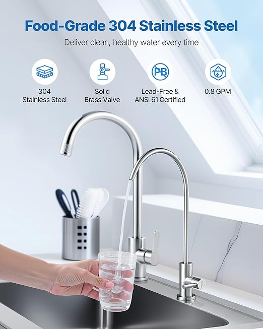 VEVOR Water Filter Faucet, RO Faucet with Lead-Free Brass Valve, 304 Stainless Steel, 0.8GPM Kitchen Drinking Water Faucet, Fits Most Reverse Osmosis & Water Filtration Systems, Brushed Nickel