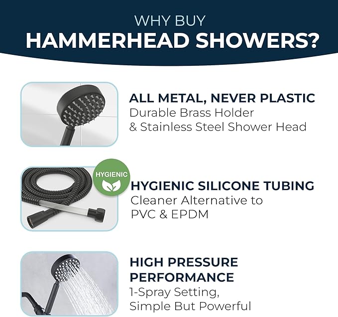 HammerHead Showers® Solid Metal LOW FLOW Handheld Shower Head with Hose and Brass Holder - MATTE BLACK – Water Saving 1.75 GPM Detachable Shower Head - Adjustable Shower Wand Bracket & 6ft Hose